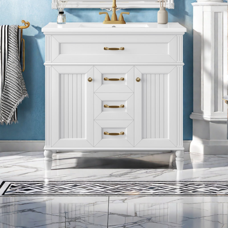Meuble-lavabo 36 po avec lavabo, meuble autoportant vert avec cuve en céramique, cadre en bois aggloméré et en bois massif, tiroir supérieur rabattable