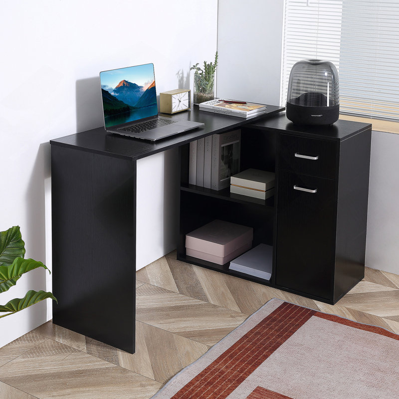 Bureau d'ordinateur en L, bureau d'angle rotatif à 180 ° avec tablettes de rangement