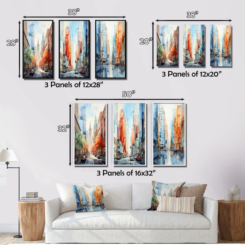 «Skyscrapers Urban Heights», 3 pièces sur toile, Cadre flottant noir, H 20 po x l 36 po