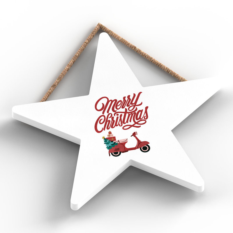 Xmas Merry Christmas Scooter Wooden Star Plaque