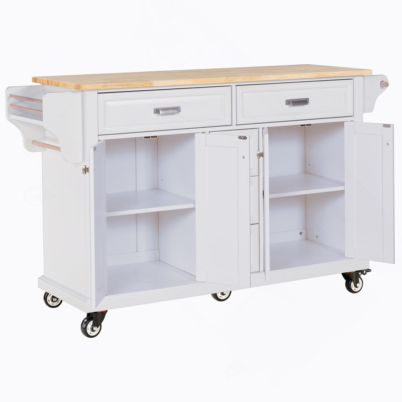 Kitchen Island With Rubber Wood Countertop, Kitchen Cart On 5 Wheels With Storage Cabinet, White
