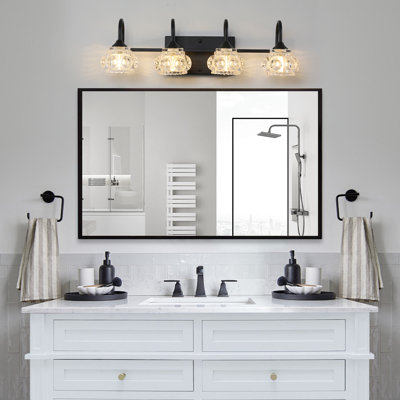 Luminaire de meuble-lavabo rétro à 4 lumières de 23 po - fini noir avec abat-jour en cristal, éclairage mural pour salle de bain, salle d'eau et miroir de meuble-lavabo (sans ampoules)