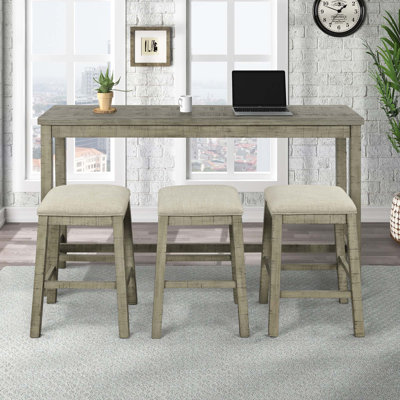 Table de salle à manger à hauteur de comptoir 4 pièces avec tabourets rembourrés en tissu, ensemble de salle à manger rustique avec douille, gris-vert