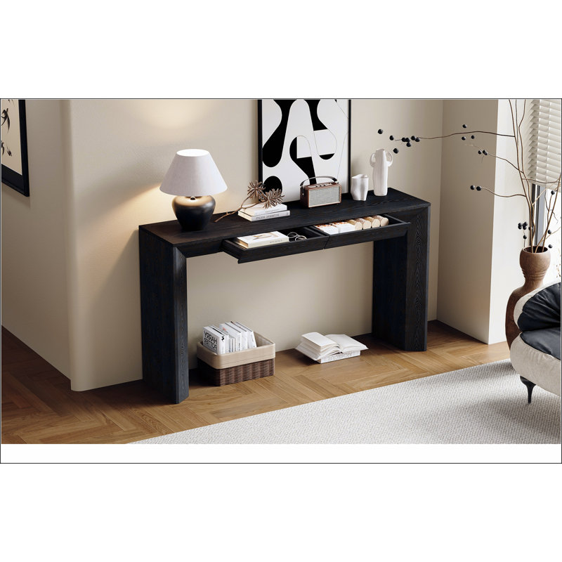Console 60 po avec 2 tiroirs dissimulés, table d'entrée de style cascade avec pieds épaissis et grain de bois rustique pour le salon, le vestibule et le couloir