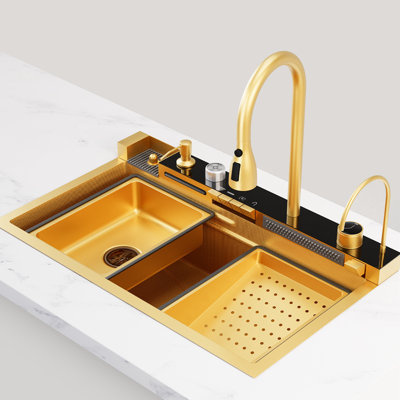 3Starz Gold 29.5 X 17.7 Inchdigital Display Kitchen Sink, 304 Stainless Steel Nano Coated Drop-In Sink With Dual-Track Workstation, 5 Spray Modes & Quiet Under-Mount Installation
