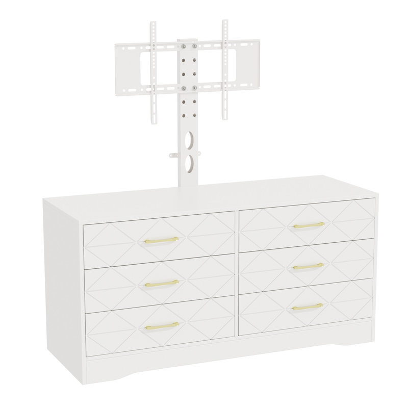 Commode 6 tiroirs blanche avec façade en losange texturée et poignées dorées, commode double longue et large, commode télé moderne pour la chambre à coucher