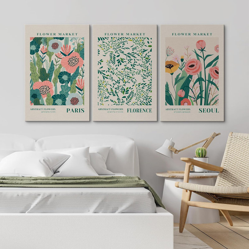 Classical Artwork Paris Florence Seoul Pastel Vibrant Abstract Flower Market Framed Canvas 3 Pieces Print Wall Art, No Frame
