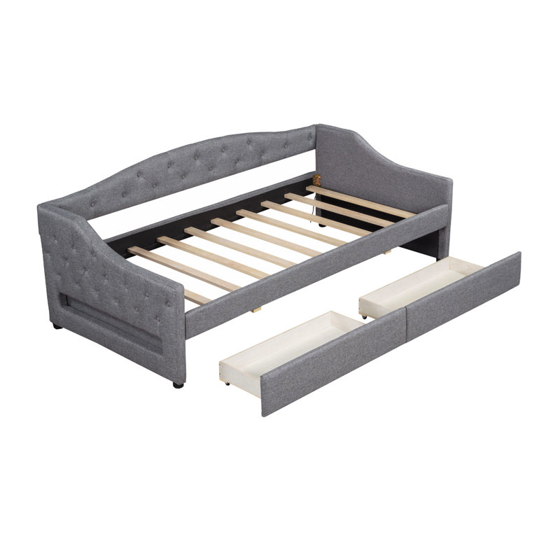 Twin Xl Size Gray Upholstered Daybed With Led Lighting, 2 Drawers For Clothing And Storage, Linen - Covered Cover, Belt, Drawers, Wood Frame A Stable Bed