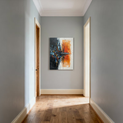 Tableau abstrait représentant un paysage urbain avec des accents orange et noir, imprimé sur toile (lot de 1).