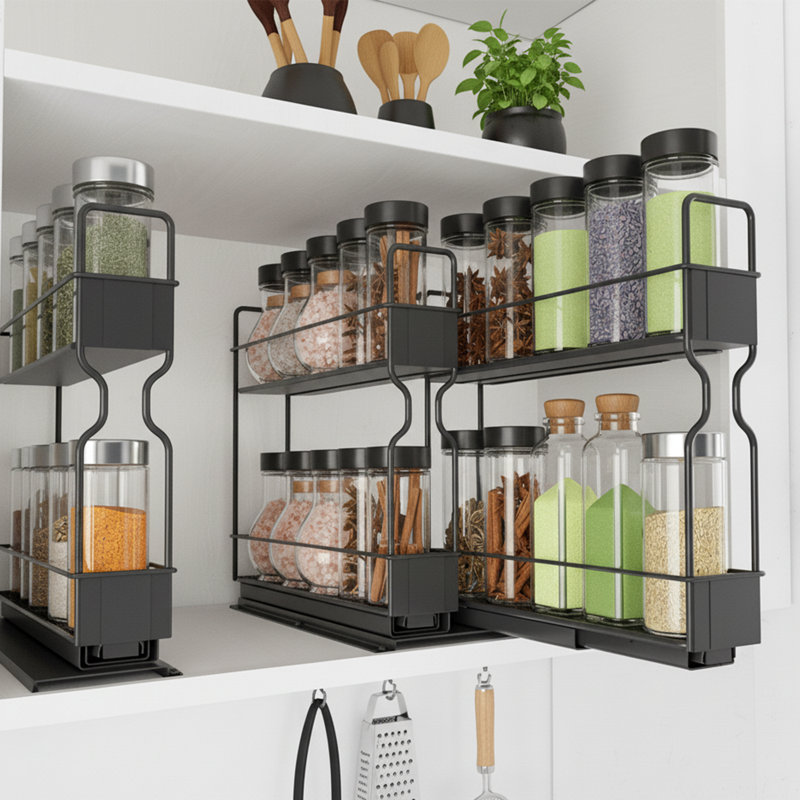 Étagère à épices coulissante à 2 niveaux pour armoire, organisateur d'assaisonnements coulissant robuste avec étiquettes, 2 tiroirs