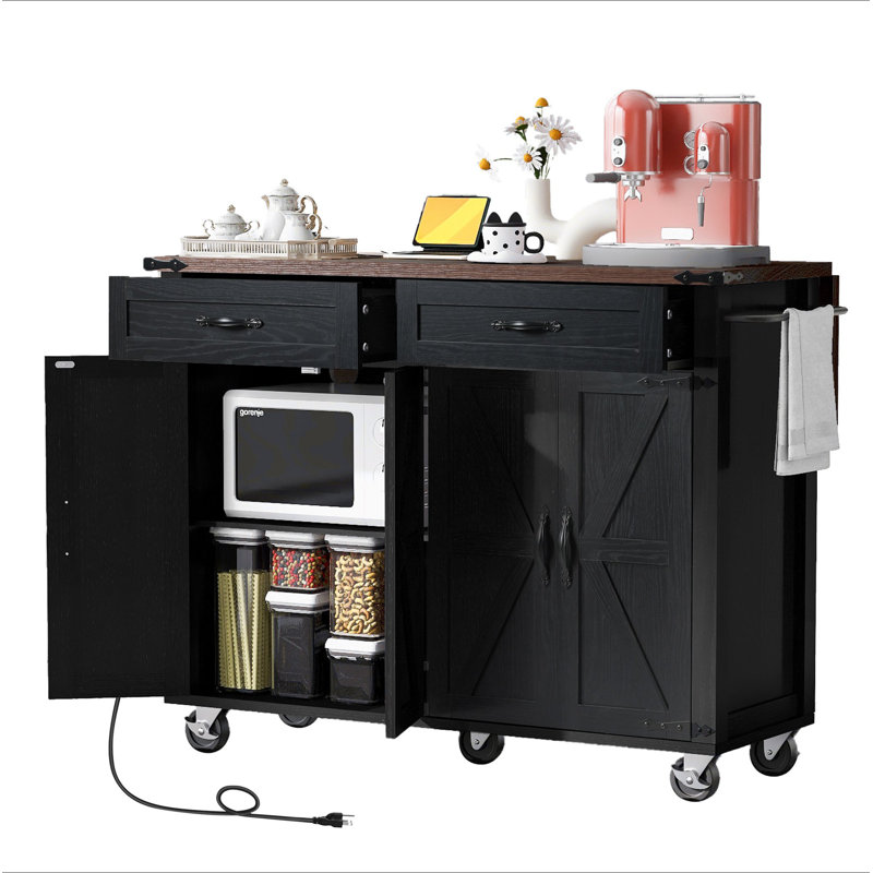 53.5''Farmhouse Kitchen Island With Power Outlet, Kitchen Storage Island With Drop Leaf, Spice Rack And Drawer, Rolling Kitchen Cart On Wheels, For Home, Kitchen And Dining Room