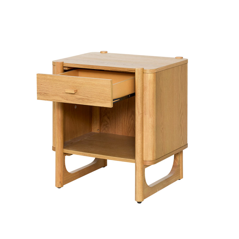 Apollo Mid Century Modern Solid Wood Nightstand with U-shape Sled Base & Spacious Open Shelf, Walnut