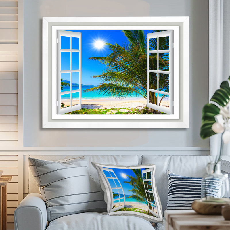 « Window Open to Beach with Palm » - impression d'art mural avec plage, impression sur toile avec plage et palmier, Blanc