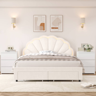 3-Piece Bedroom Sets, Modern Upholstered LED Bed With Drawer & 3-Tier White Nightstands by Wrought Studio