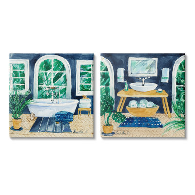 " Bold Blue Bathroom Interior Still Life Sink Bathtub " 2 - Pieces