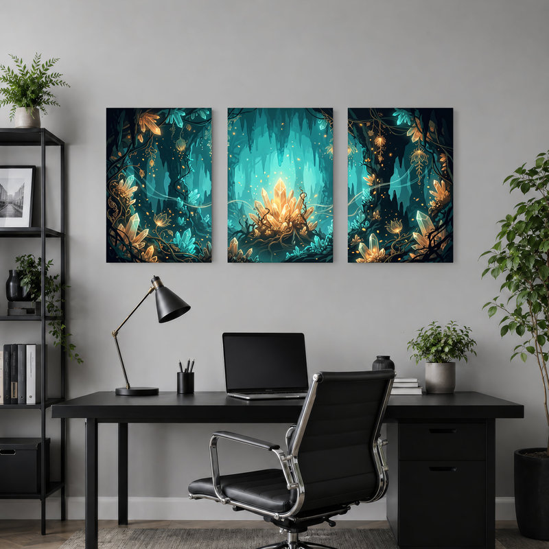 Art mural sur toile en forme de caverne en cristal avec fleurs lumineuses, H 24 po x l 16 po x 3 pièces