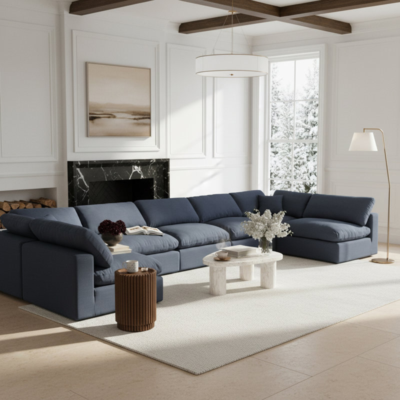 Canapé modulaire 7 pièces 7 pièces, Tissu texturé en lin bleu marine