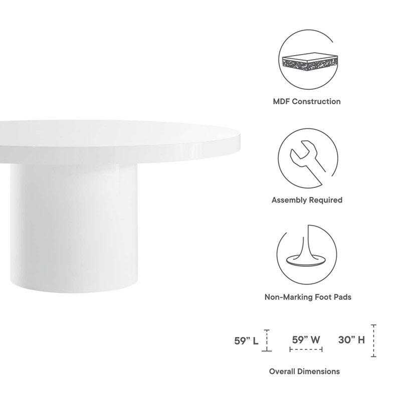Modern 60" Round High Gloss White MDF Dining Table