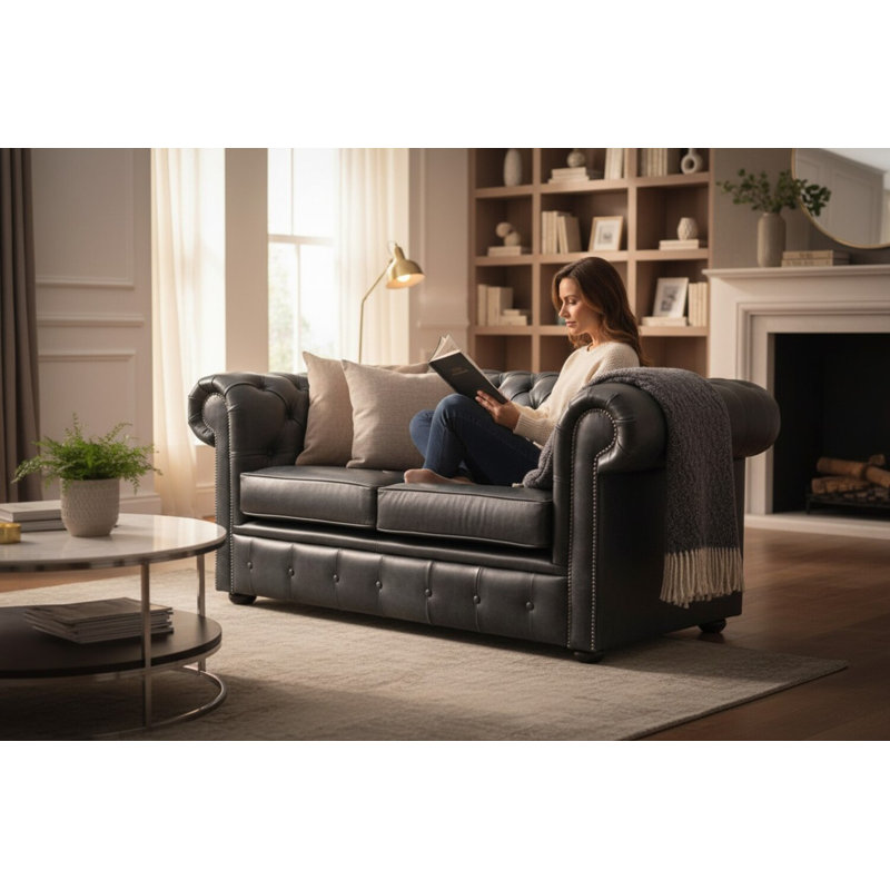 2 Seater Full Grain Leather Sofa, Cracked Wax Black