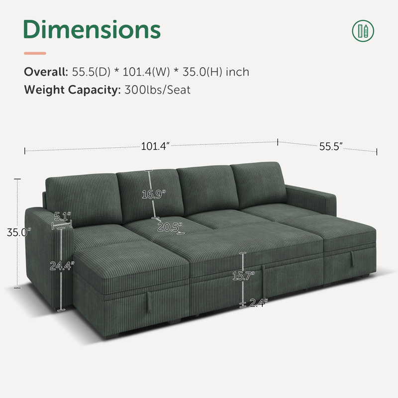 Niyona U Shaped Sleeper Pull Out Couch Storage Sectional Sofa, Green Couduroy