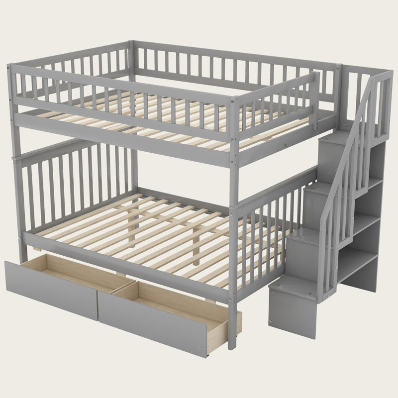 Full Over Full Bunk Bed with Drawers and Storage Shelves, Solid Wood Frame with Safety Guardrail and Inclined Ladder, Gray