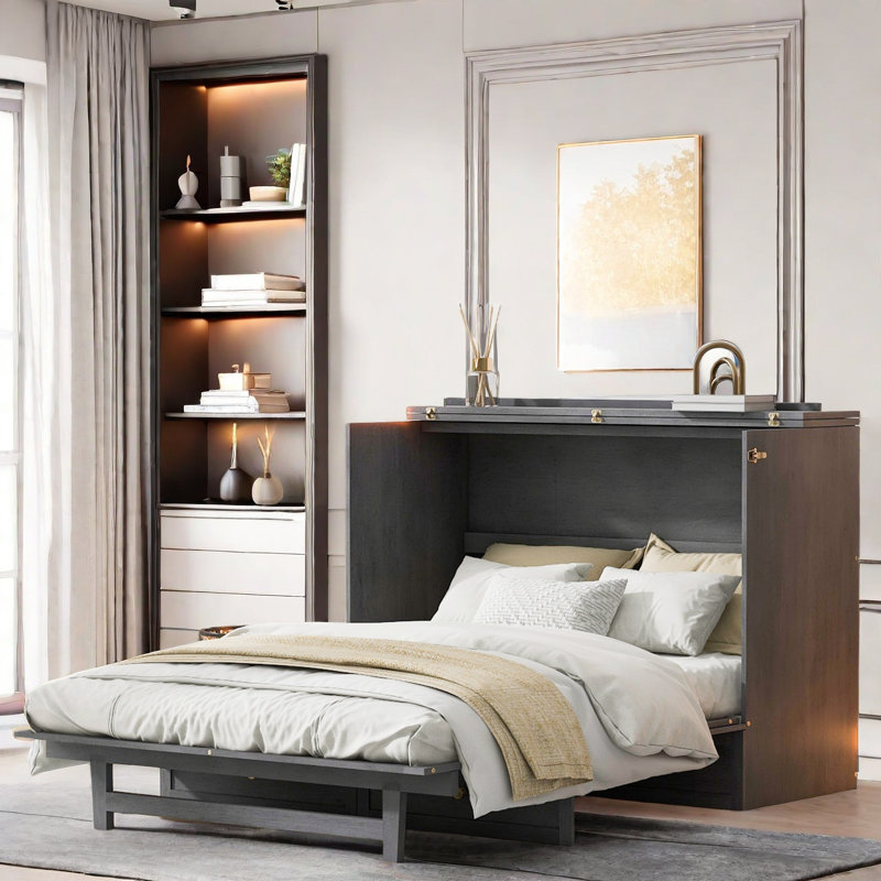 Full Size Murphy Bed with Large Drawers and USB Ports, Perfect for Space-Saving and Modern Living, Gray, Full