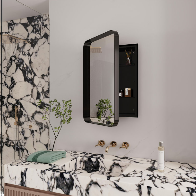 Armoire murale en métal avec miroir et tablettes réglables, Noir mat