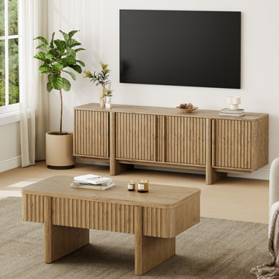 Ensemble meuble télé et table basse cannelée moderne de 70 pouces, centre multimédia en bois imitation bois avec rangement pour salon