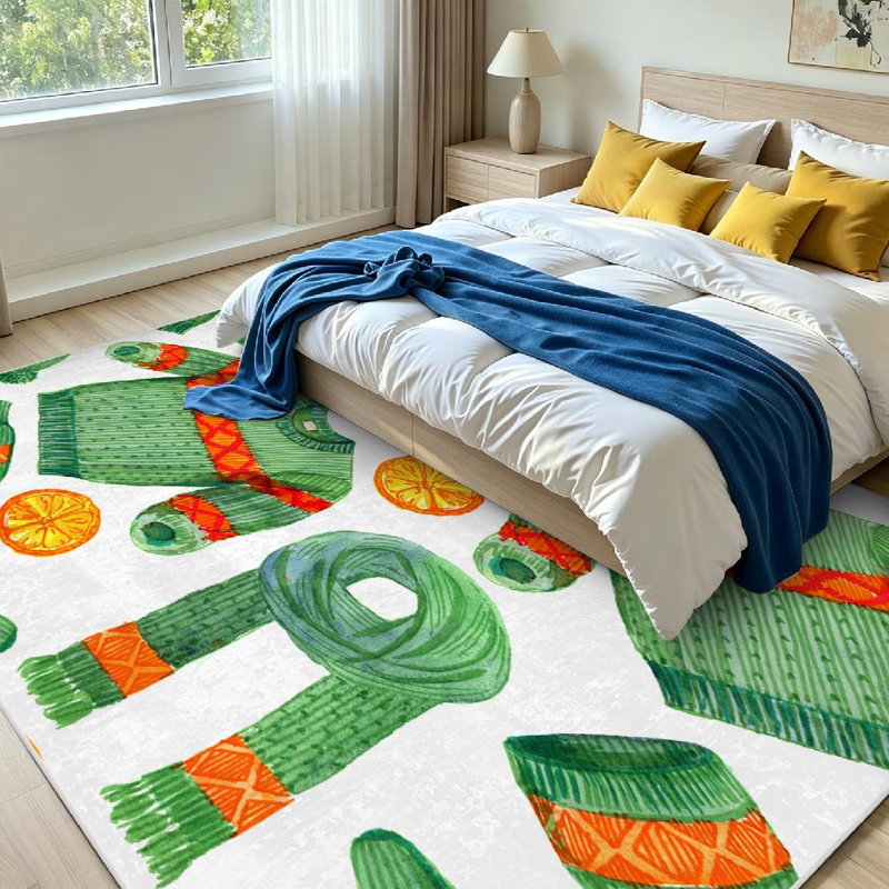 Tapis intérieur orange lavable à la machine, motif aquarelle « Objets d'hiver », Rectangle 79" x 118"