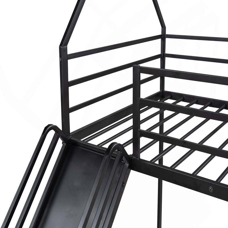 Lit superposé simple au-dessus de simple avec échelle et glissière sans sommier, Noir, noir, noir, noir