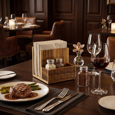 Fluted Acacia Wood Napkin Holder And Condiment Caddy
