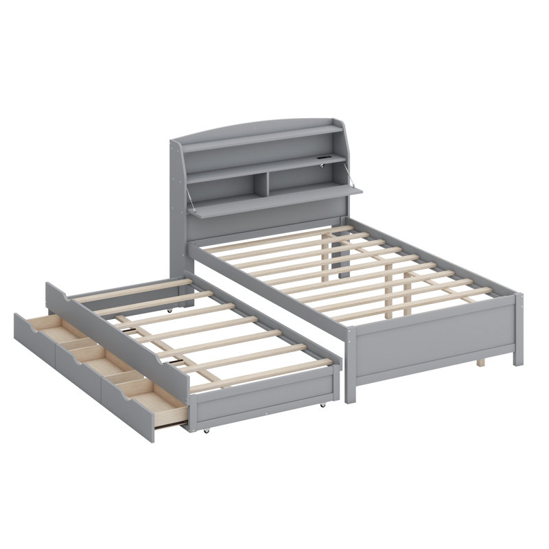 Lit plateforme avec rangement et lit gigogne, tiroirs et DEL, Gris