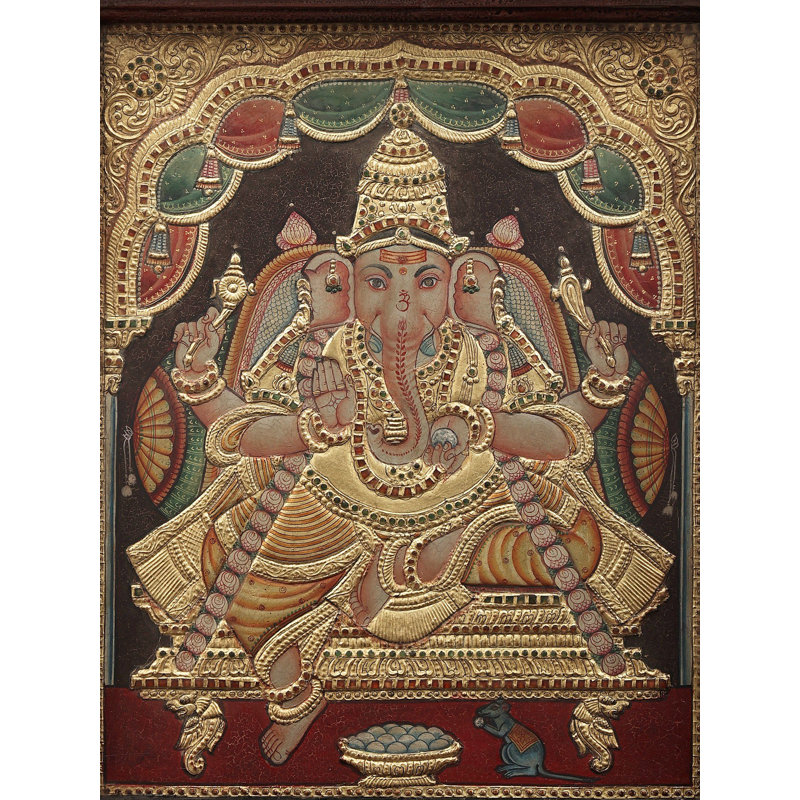 Bénédiction Ganesha Tanjore, peinture | Couleurs traditionnelles avec or 24 carats | Structure en bois de teck | Fait à la main
