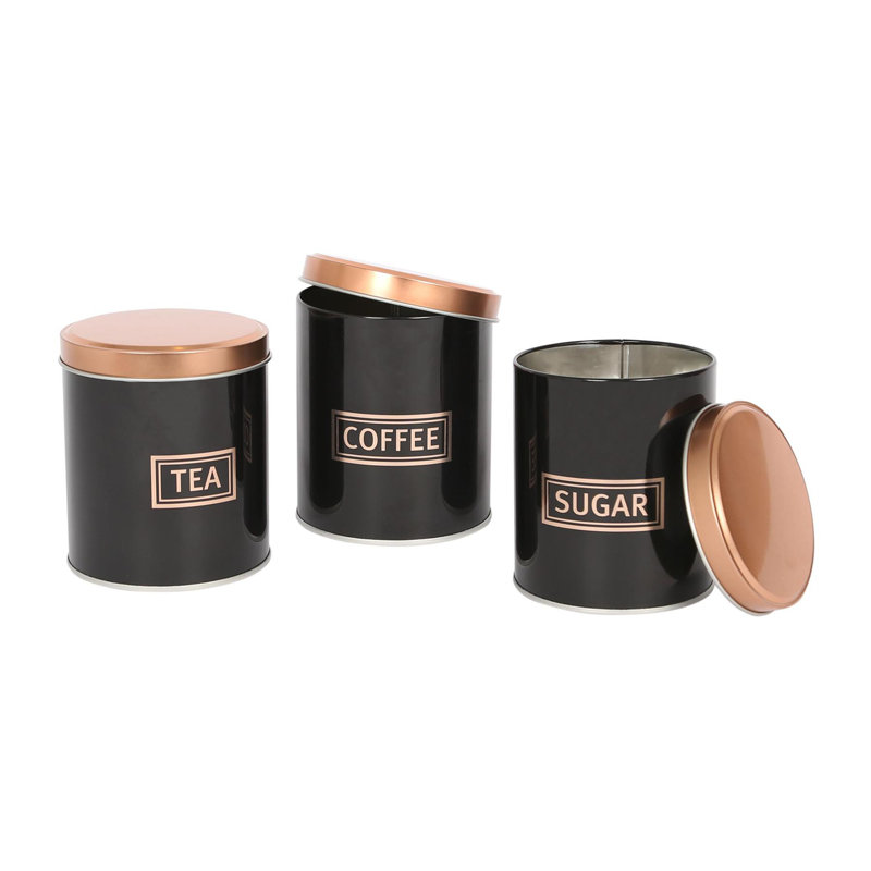 Harbour Housewares - 3 Piece Metal Tea Coffee Sugar Canister Set, Black/Orange
