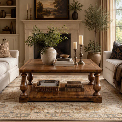 Farmhouse Coffee Table with Storage Shelf, Wood Turned Legs, 2-Tier Rustic Wood Center Table for Living Room, Walnut