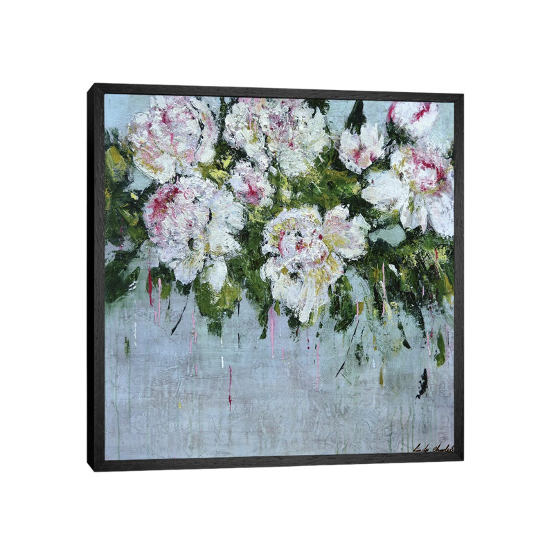 White Peonies 1 Piece Painting on Canvas, 45.72cm H x 45.72cm W x 3.81cm D, Black Floater Framed