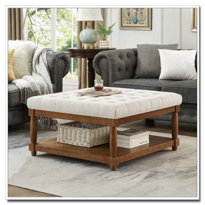 Upholstered Tufted Linen Ottoman Coffee Table