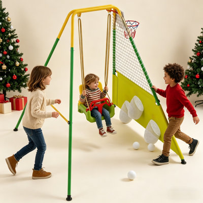 3-in-1 Toddler Swing Set with Basketball Hoop and Soccer Goals , Indoor/Outdoor Baby Swing with Foldable Metal Stand, Kids Swing Set for Backyard, Clear Instructions, Easy to Assemble & Store