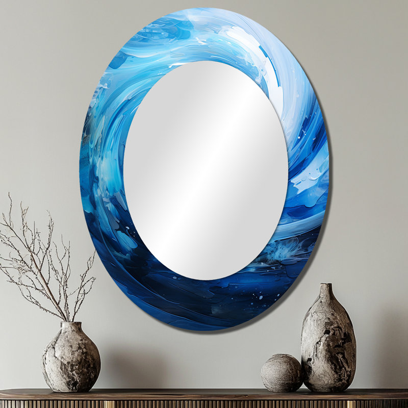 «Blue Swirl Wave Spiral II - Abstract Spirals», miroir mural unique, impression sur métal, 40 po x 30 po, Ovale