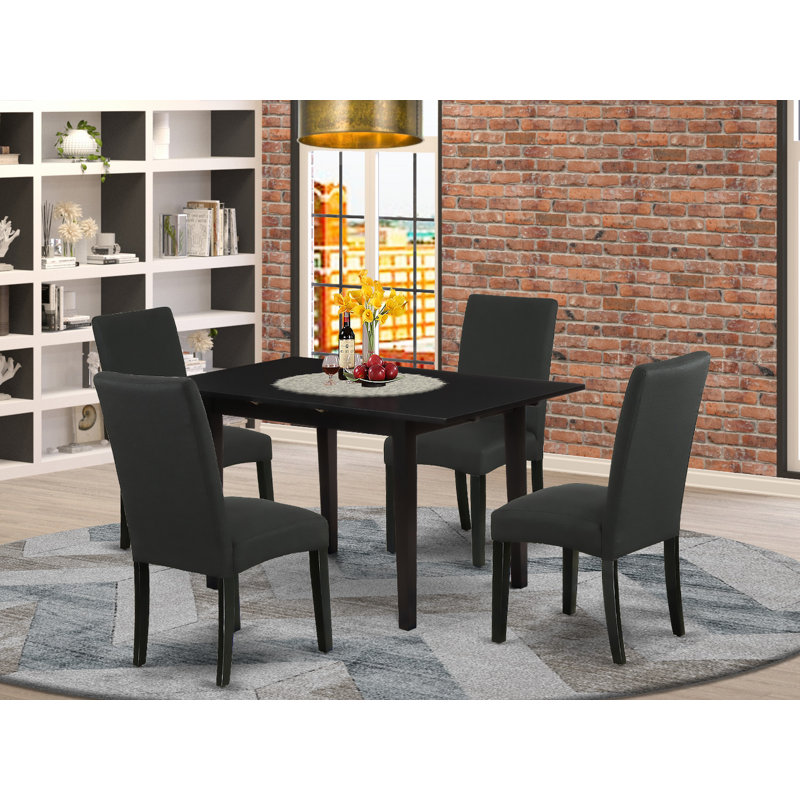 5 Piece Dining Table Set Includes a Rectangle Dining Room Table with Butterfly Leaf and 4 Black Color Linen Fabric Parson Chairs, Black