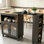 Îlot de cuisine, grand chariot de cuisine roulant, table de cuisine mobile avec 2 portes en verre cannelées et 3 tablettes ouvertes, armoire de rangement et roulettes verrouillables