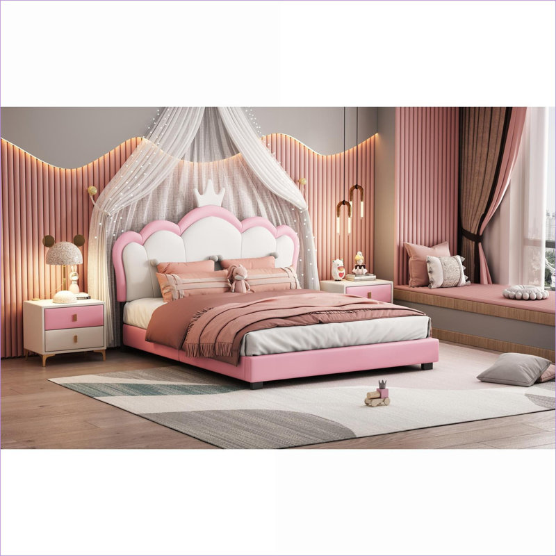 Full Size Upholstered Poplar Wood Platform Bed, No Box Spring Needed 500LBS Capacity Cream Pink for Bedroom, Pink, Full
