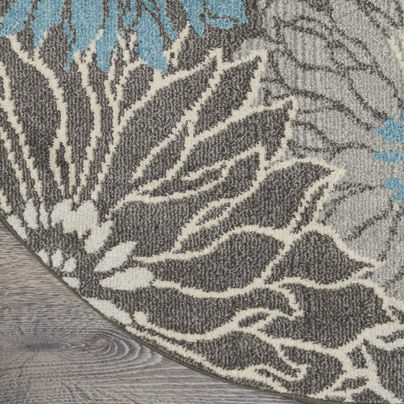 Tapis floral bleu / jaune en polypropylène tissé à la machine, Rond 5 pi 3 po