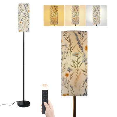 Lampe sur pied rétro à motif floral à feuilles botaniques avec feuillage beige délicat à intensité variable avec télécommande et pédale avec abat-jour