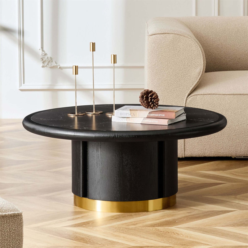 Table basse ronde en pierre frittée de 35,43 pouces avec piédestal en panneau de fibres à densité moyenne et acier inoxydable, idéale pour le salon et le bureau