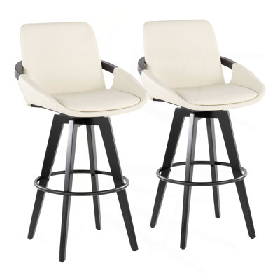 Tabouret de bar à hauteur fixe avec pivot en bois noir et similicuir avec repose-pieds rond en métal noir - ensemble de 2