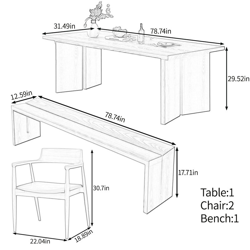 Ensemble de table en bois massif élégant et durable, H 29,52 po x L 78,74 po x l 31,49 po