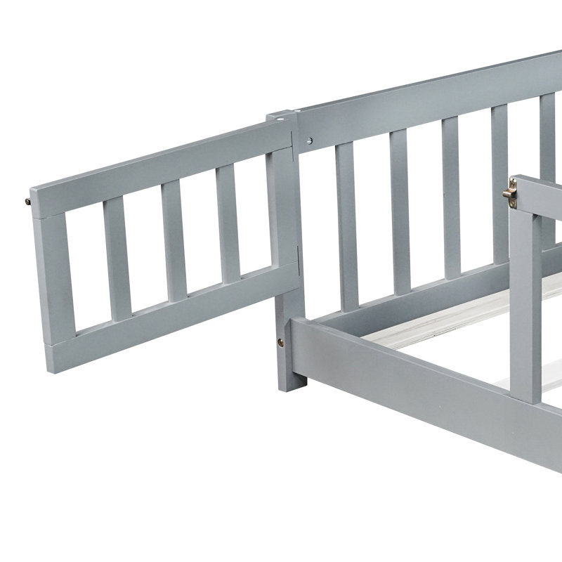 Full Size Floor Bed In Grey, Made Of Rubber Wood, With Fence And Door For Safe Access, Easy Assembly Parents Grey Door, Crafted From Fine Facilitates Move Co - Sleeping