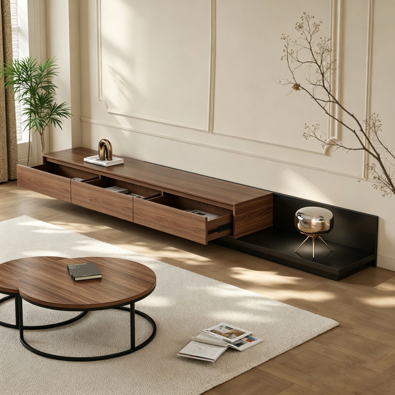 Extendable Tv Stand With 3 Drawers + Nesting Coffee Tables Set Of 2, Length Adjustable 200-330cm (78.7-130 Inch) For Tv Over 75 Inch, Space Saving Media Console & Round Side Tables For Living Room, Apartment, Bedroom