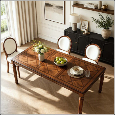 Table de salle à manger rectangulaire traditionnelle avec pieds tournés et plateau encadré